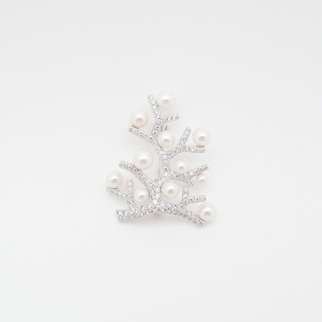 ミキモト 幸福の木 ブローチ アコヤ真珠 ダイヤモンド 5.3〜3.3mm 0.65ct K18WG Sランク 515809